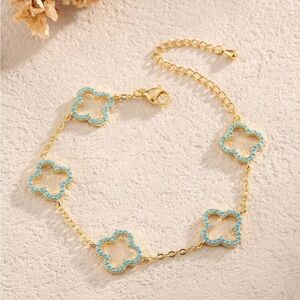 Turquoise and Gold Clover Bracelet Costume No Real Stone or Metals